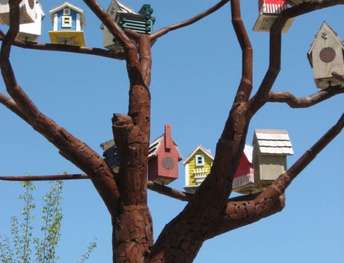 Welded Steel Tree Sculpture with Birdhouse Neighborhood